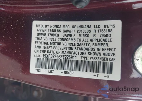 2015 Honda Civic Lx из США, поврежденный, VIN 19XFB2F53FE226911